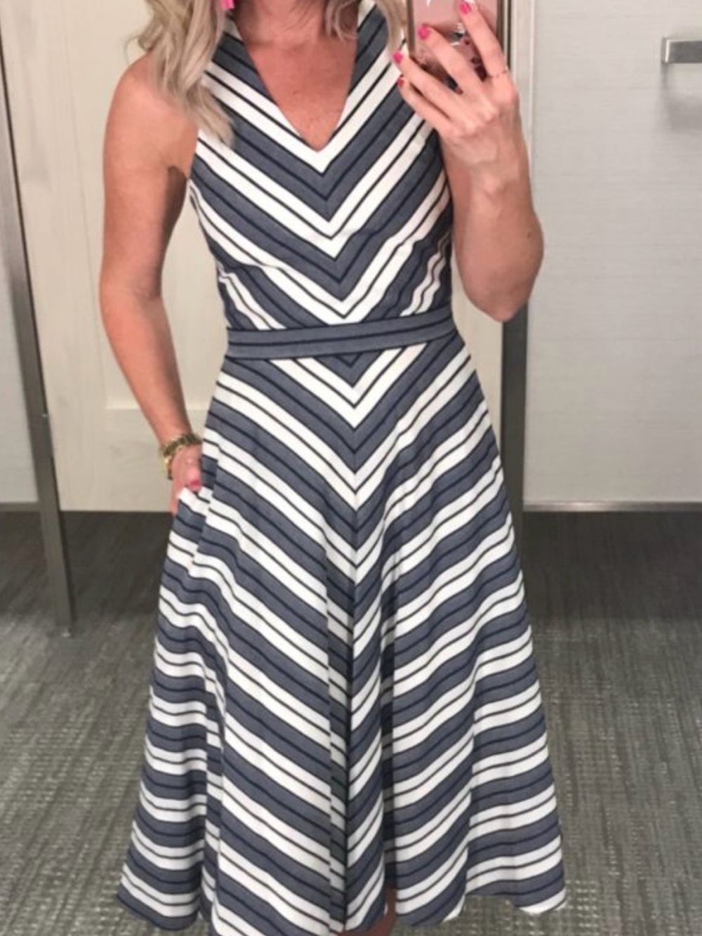 Stunning 1901 Navy and White Striped V-Neck Midi Dress size 2, nautical s